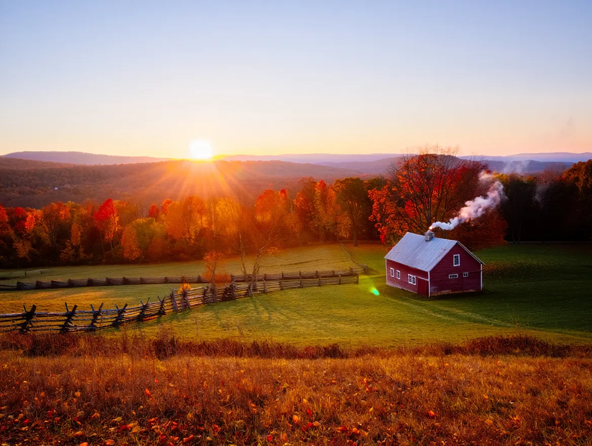 Illustration of a warm sunrise over a calm landscape representing a peaceful morning start